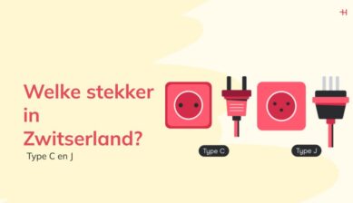 Overzicht van de twee soorten stekkers in Zwitserland: Type C, en Type J met bijbehorende stopcontacten