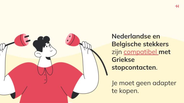 Tekening van een man die twee stekkers vasthoudt die met elkaar kunnen verbonden worden met daarnaast informatie over de compatibiliteit van Griekse stopcontacten met Nederlandse en Belgische toestellen