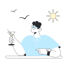 Getekend mannetje met zonnebril op en cocktailglas in de hand, genietend van de zon