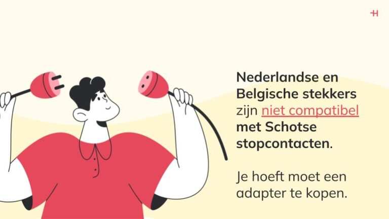 Tekening van een man die twee stekkers vasthoudt die met elkaar kunnen verbonden worden met daarnaast informatie over de compatibiliteit van Schotse stopcontacten met Nederlandse en Belgische toestellen