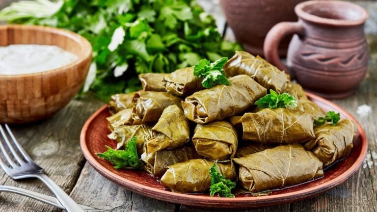 Dolmades, gevulde druivenbladeren, geserveerd met kruiden en yoghurtdip.