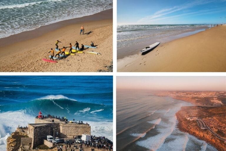 Vier foto's met sfeerbeelden van Portugese stranden waar men kan surfen