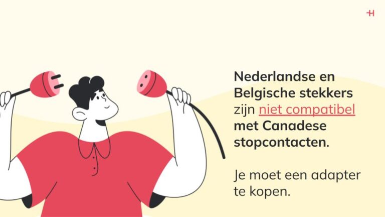 Tekening van een man die twee stekkers vasthoudt die met elkaar kunnen verbonden worden met daarnaast informatie over de compatibiliteit van Canadese stopcontacten met Nederlandse en Belgische toestellen