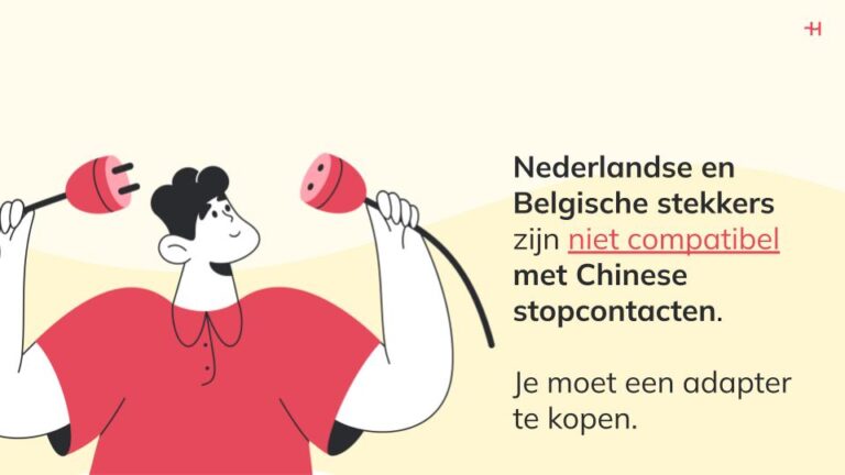 Tekening van een man die twee stekkers vasthoudt die met elkaar kunnen verbonden worden met daarnaast informatie over de compatibiliteit van Chinese stopcontacten met Nederlandse en Belgische toestellen