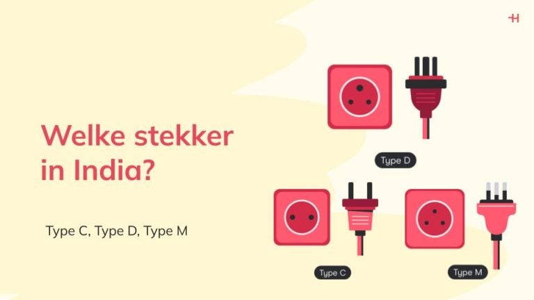 Welke stekker heb je nodig in India? Illustratie van stekkertypes C, D en M.