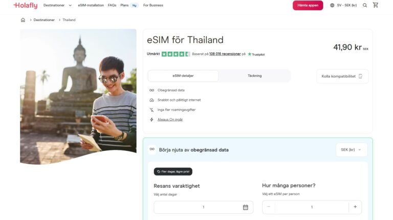 Skärmdump av Holaflys hemsida med information om Thailand-eSIM