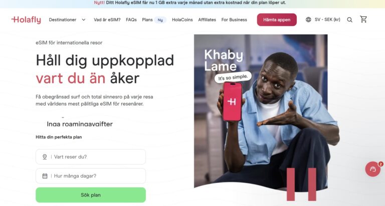 Skärmdump av startsidan på Holaflys webbplats