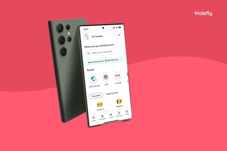 Samsung-telefon med en Holafly-app på skærmen