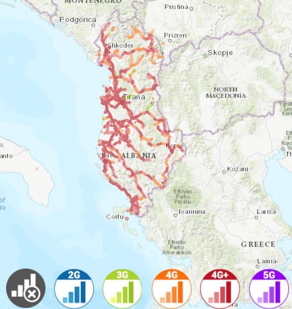 アルバニアにおけるVodafoneの通信対応エリアマップ