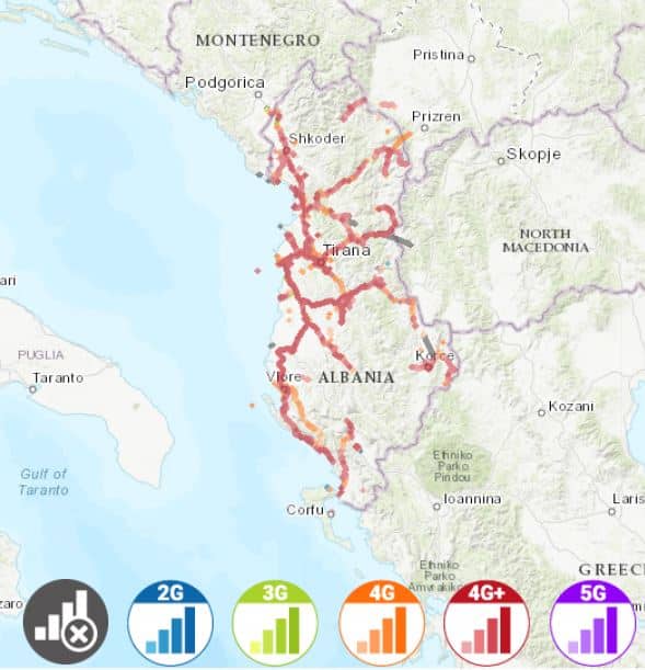 アルバニアにおけるoneの通信対応エリアマップ