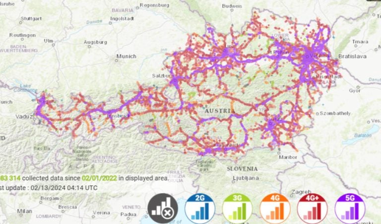 オーストリアのモバイル通信エリアを示す地図。2G、3G、4G、4G+、5Gのカバレッジが異なる色で表示され、主要都市や道路沿いに集中している。