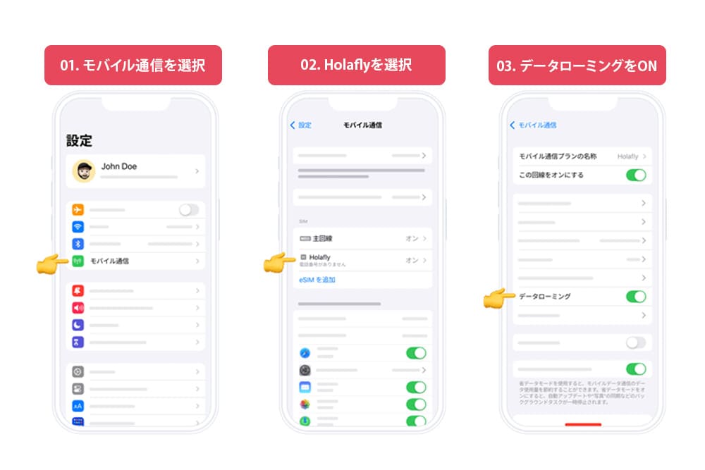 iOSデバイスでHolafly eSIMの設定を行う手順。設定メニューで「モバイル通信」を選択し、Holaflyを選んでデータローミングをONにするまでの3つのステップ