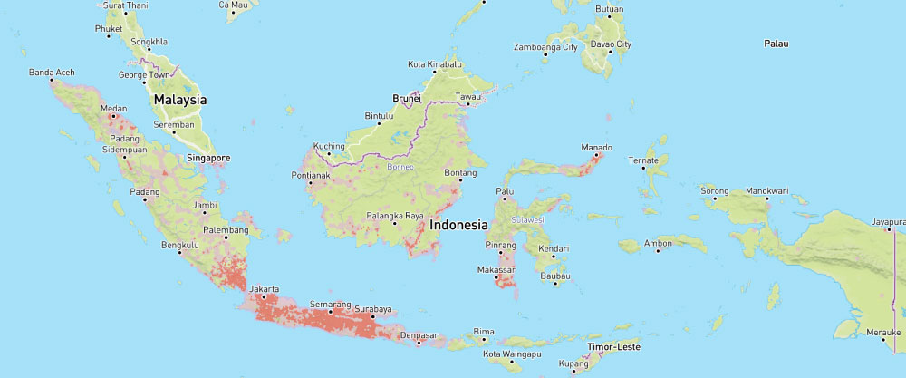 インドネシアの通信キャリア「Indosat Ooredoo Hutchison」の4G回線サービスエリアマップ。ジャカルタ、スラバヤ、デンパサールなどの主要都市を中心に広がるカバレッジが示されている。