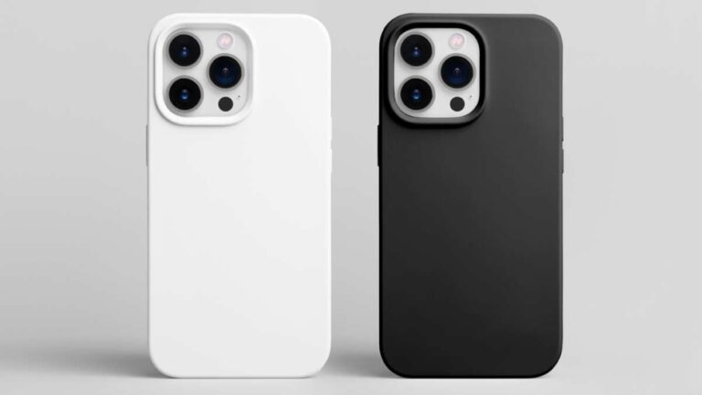 白と黒のスマートフォンケースを装着した2台のスマートフォン。ミニマルな背景で並べられたシンプルかつスタイリッシュなデザイン。