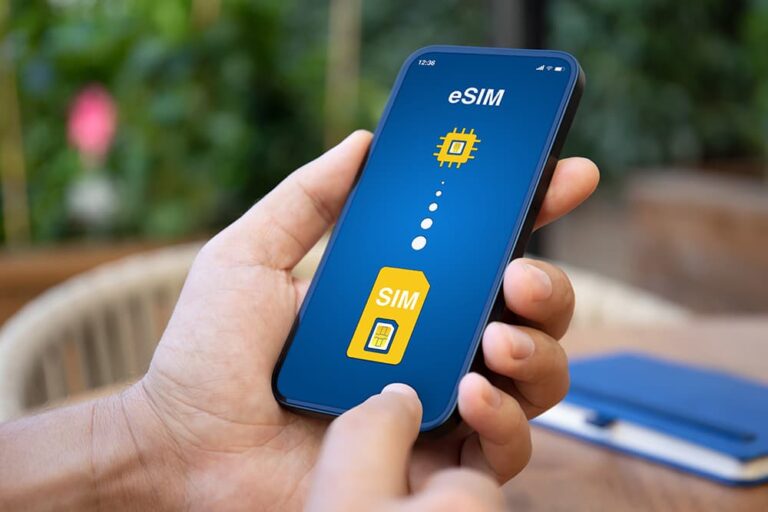 物理SIMからeSIMへの切り替えイメージ画面が表示されたスマートフォンを手で持っている様子