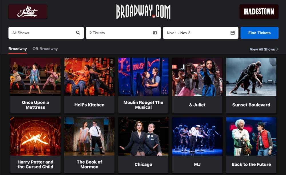 Broadway.comの検索ページ、ブロードウェイショーのポスターが並ぶ。
