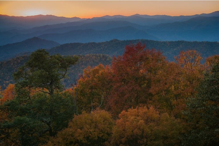 グレート・スモーキー山脈国立公園での秋の夕景。山並みが重なり、紅葉した木々が鮮やかに彩りを添えている。