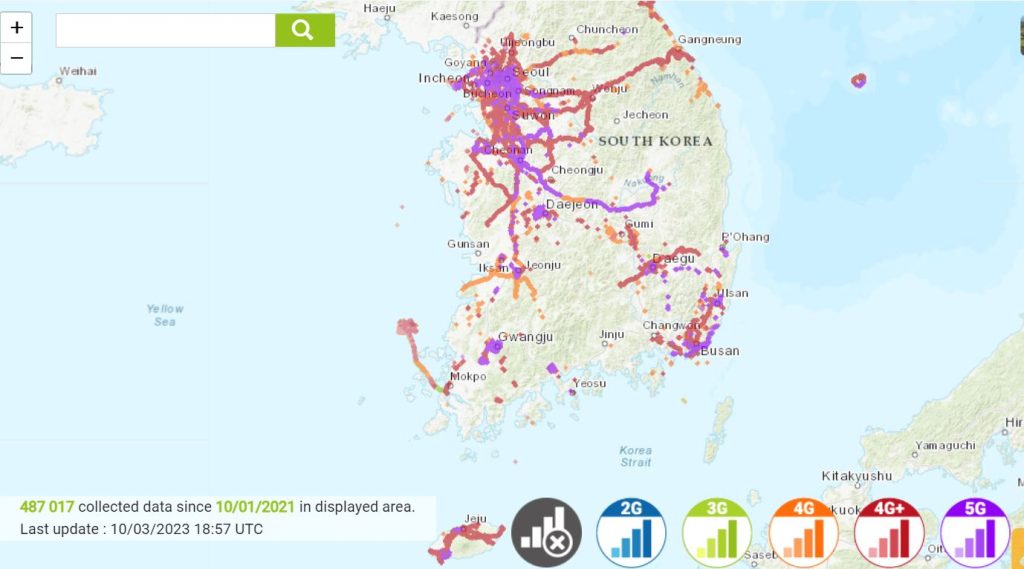 韓国大手携帯キャリアKTの国内通信エリアマップ