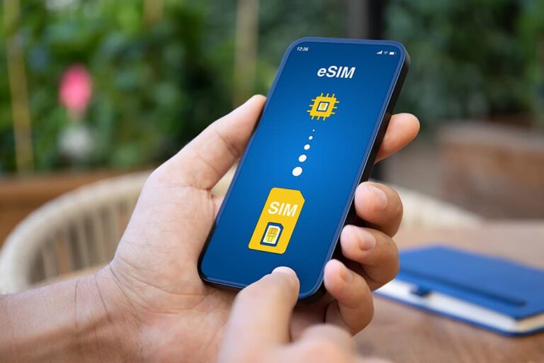 韓国旅行の通信手段として役立つ、画面にeSIMとSIMカードのアイコンが表示されたスマートフォンを操作している様子