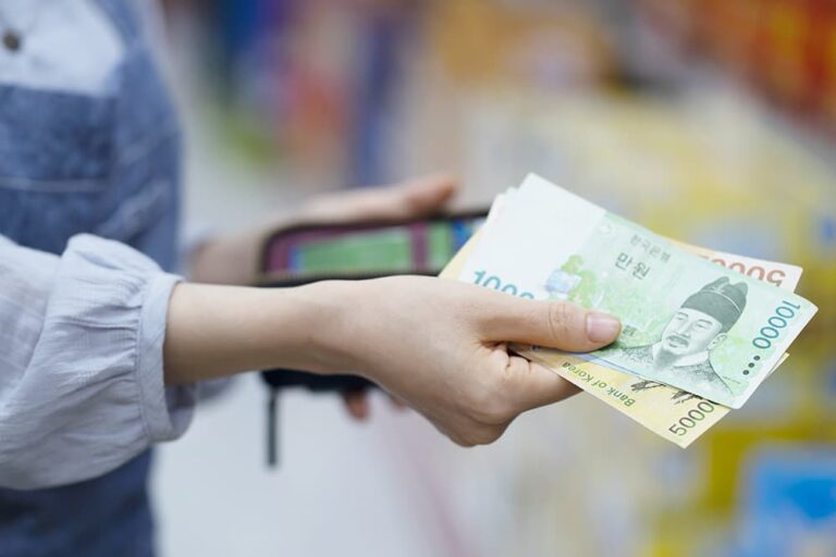 韓国ウォン紙幣を財布から取り出す旅行者