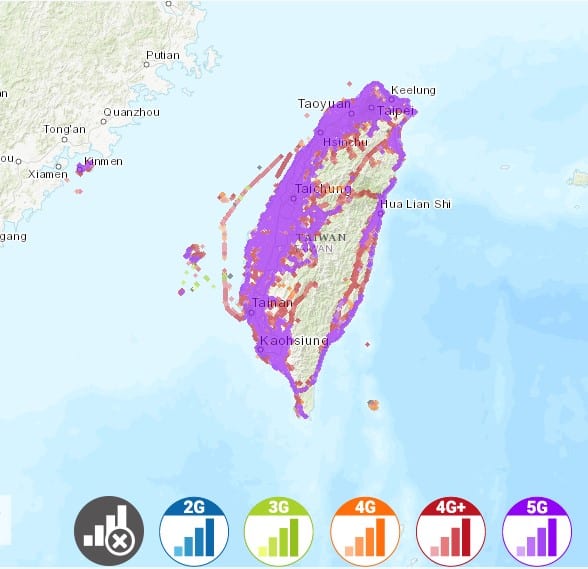 中華電信チュンファ・テレコム台湾内のサービスエリアマップ