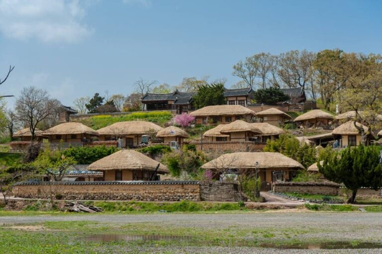 韓国・安東(アンドン)の河回(ハフェ)村。伝統的な藁葺き屋根の韓屋が立ち並び、世界遺産にも登録されている歴史的な民俗村。自然と調和した景観が魅力。