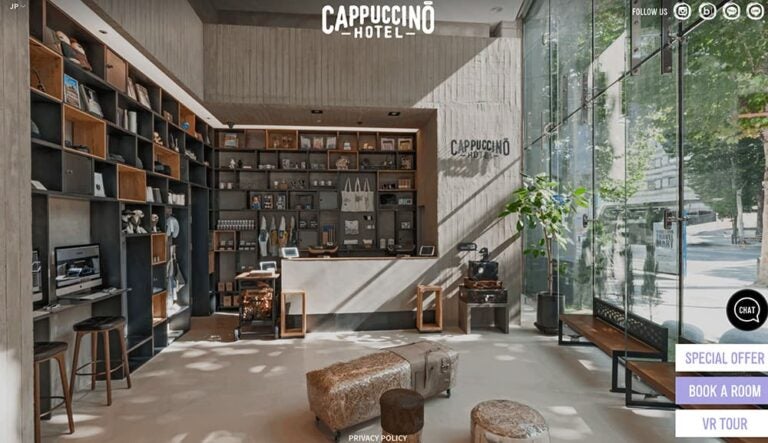 ホテルカプチーノ ソウルのロビー。コンクリートと木の素材を組み合わせたおしゃれなデザイン空間