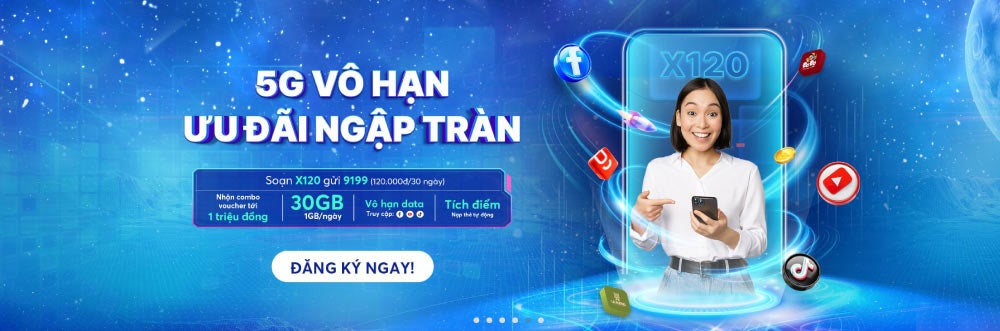 スマホを手にした女性が微笑み、周囲をアプリのアイコンや光のエフェクトが囲む、Mobifonelの5Gプロモーションバナー。