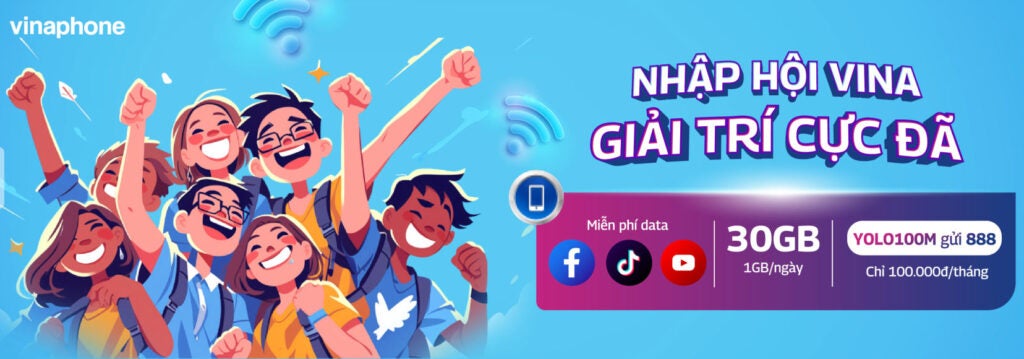 青い背景の中で、笑顔の若者グループが手を挙げている、VinaPhoneのプロモーションバナー。