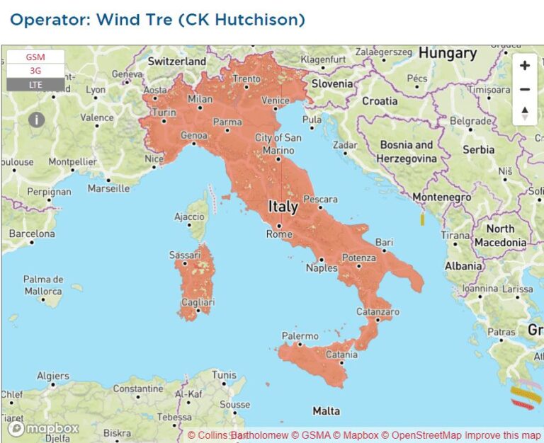 イタリアの大手通信会社WINDTRE の国内通信エリアマップ