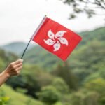 緑豊かな山々を背景に香港の旗を手に持つ人