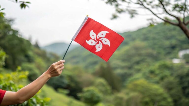 緑豊かな山々を背景に香港の旗を手に持つ人