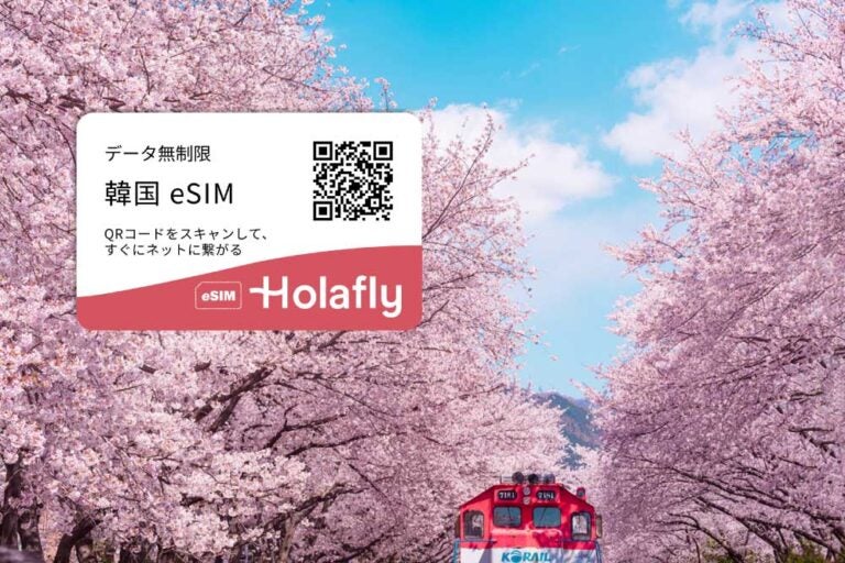 韓国・鎮海(ジンヘ)の桜並木を走る列車と、Holaflyの韓国eSIM広告。