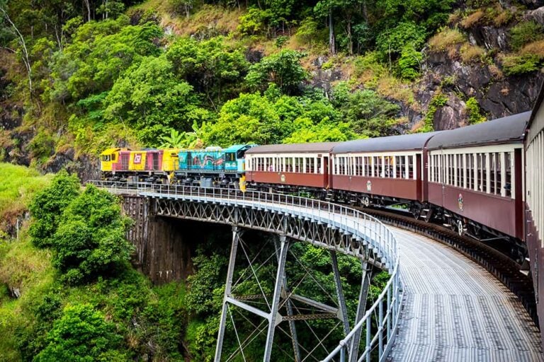ケアンズ郊外の熱帯雨林を走るキュランダ高原鉄道と鉄橋を渡る客車の眺め