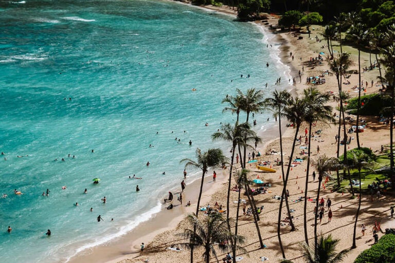 7月のハワイ・オアフ島ワイキキビーチで観光客が海水浴や日光浴を楽しむ様子