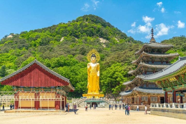 海印寺（ヘインサ）の金色の仏像と伝統的な寺院建築。背後には緑豊かな山々が広がり、静けさと荘厳さが漂う。