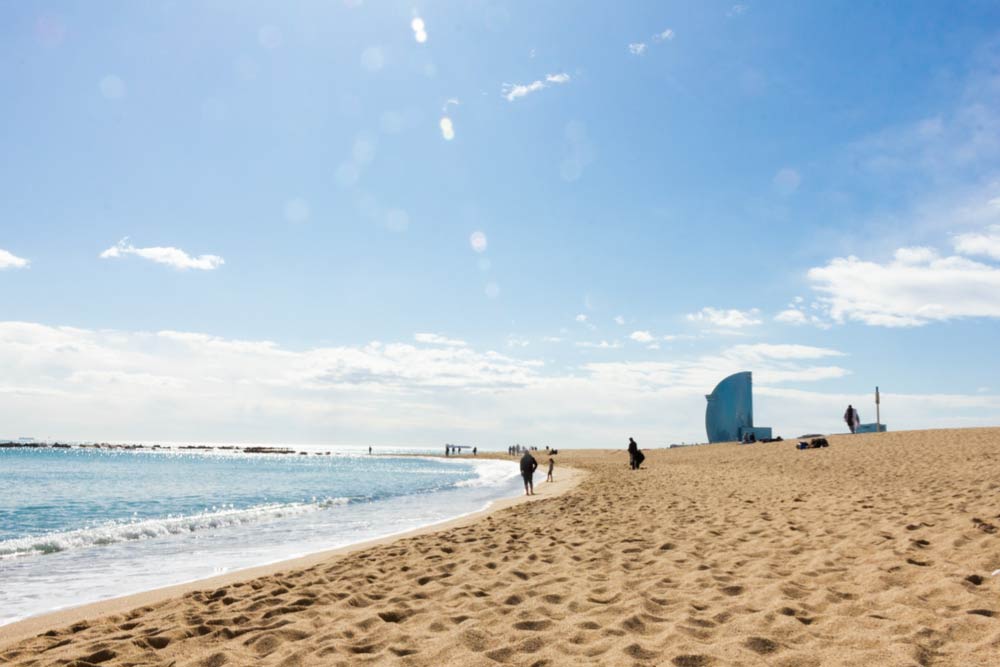スペイン・バルセロナのバルセロネータビーチ。青空の下、海辺を散歩する人々と、背景には特徴的なWホテルが見える風景。