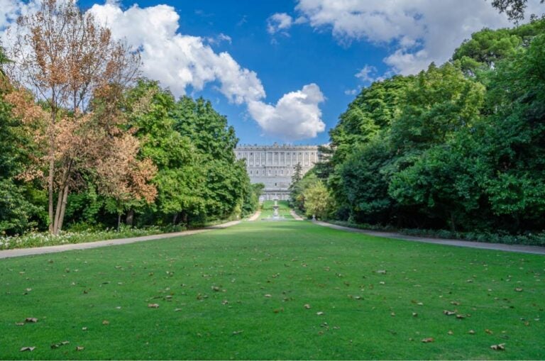 スペイン・マドリードのサバティーニ庭園から見た王宮。青空の下、緑に囲まれた美しい庭園が広がっている。