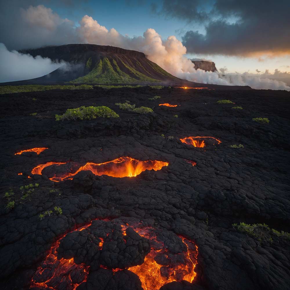 アメリカ・ハワイ島のキラウエア火山。黒く広がる溶岩台地に赤く輝く溶岩が点在し、奥には噴煙を上げる火山と緑の斜面が広がる神秘的な光景。