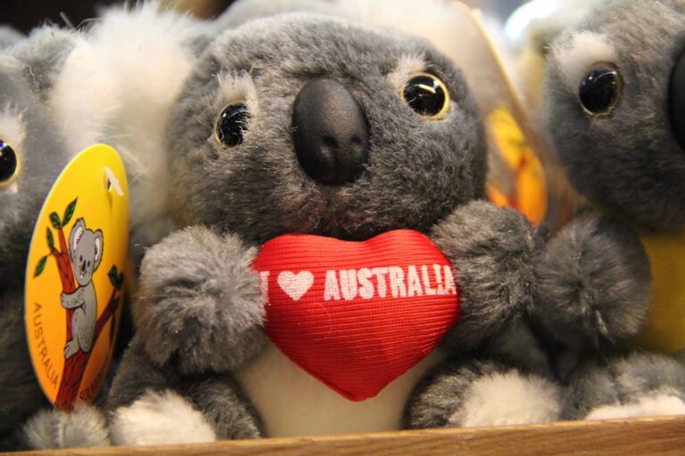 「I ♥ AUSTRALIA」と書かれたハートを抱えたオーストラリアのコアラのぬいぐるみ