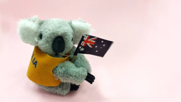 オーストラリア国旗を持ったコアラのぬいぐるみは、女子旅やばらまき用にぴったりの軽くて可愛い定番お土産。