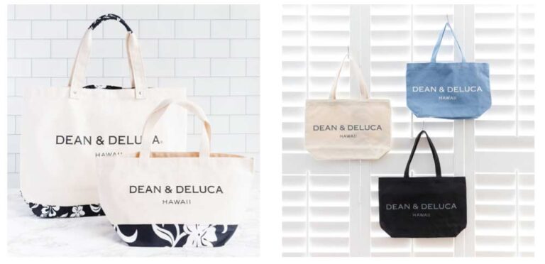 DEAN & DELUCA HAWAII の限定トートバッグ。左側にはハイビスカス柄のベージュ地のバッグ(大小)が2つ、右側にはシンプルなデザインのトートバッグがナチュラル、ブルー、ブラックの3色で並んでいる。