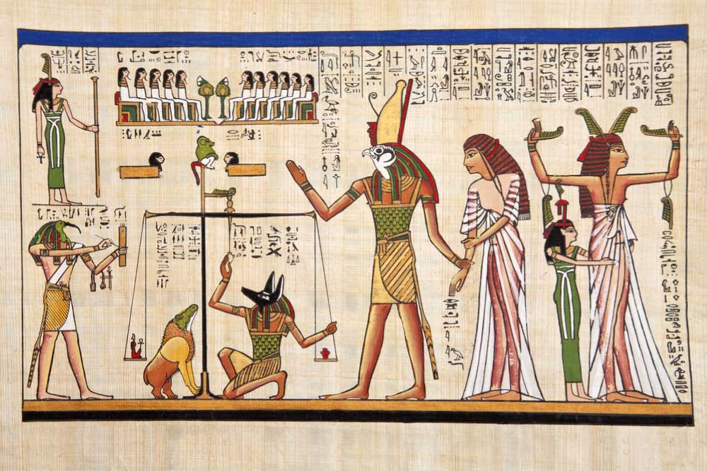 古代エジプトの死者の書を描いたパピルス画。アヌビスやホルス神などが登場し、死者の魂の審判の場面を表現している。
