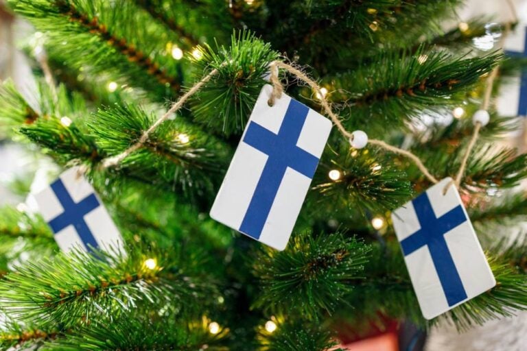 フィンランド国旗のオーナメントが飾られたクリスマスツリー
