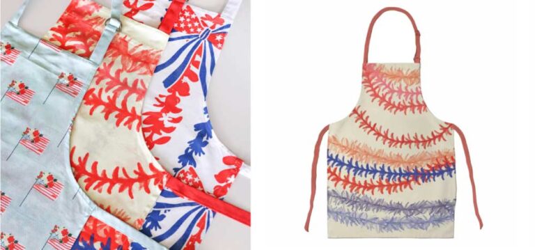 ハワイらしい植物柄やアメリカの国旗デザインがあしらわれたカラフルなエプロンたち。左側には3種類の異なるエプロンが重ねて置かれ、右側には赤・紫・青のリーフ柄が印象的なエプロンが一枚、全体像で表示されている。