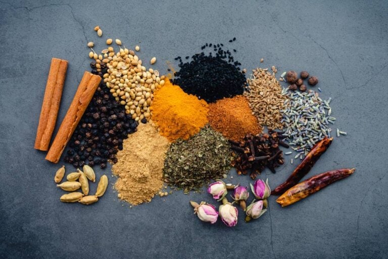 ターメリックやシナモン、カルダモン、バラのつぼみなど、モロッコの代表的なスパイスとハーブの美しいフラットレイ。