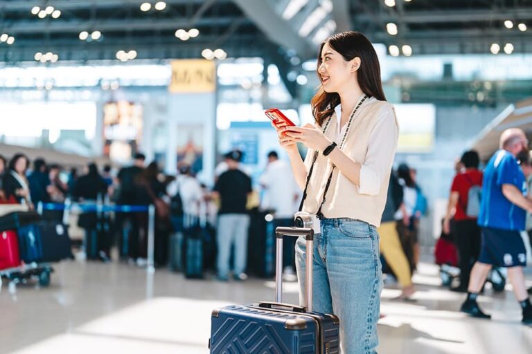 韓国の空港でスマートフォンを使う旅行者。電話番号付きeSIMが必要か確認する場面
