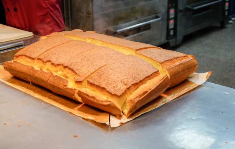 焼きたての台湾カステラケーキ、大きなふわふわのスポンジが店頭でカットされた様子。