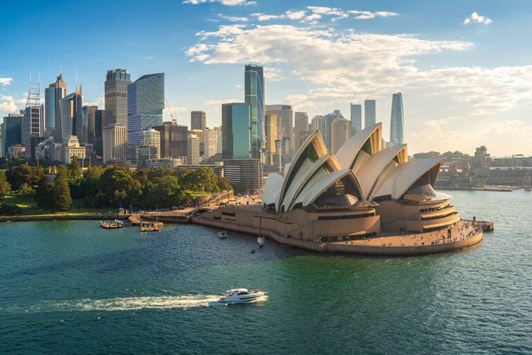 ジャカランダ越しにシドニー・オペラハウスとハーバーブリッジを望む、10月のオーストラリア春旅の風景