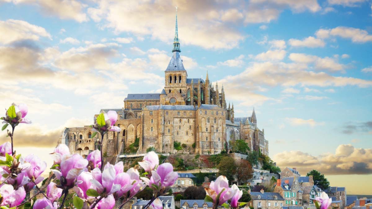 春の花越しに見えるモン・サン・ミッシェル修道院の全景写真。